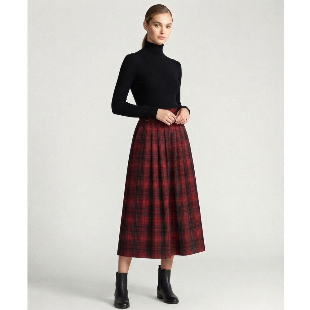 VTG 80s Ralph Lauren Blue Label Tartan Plaid Pleated Wool Midi Skirt Red Black S